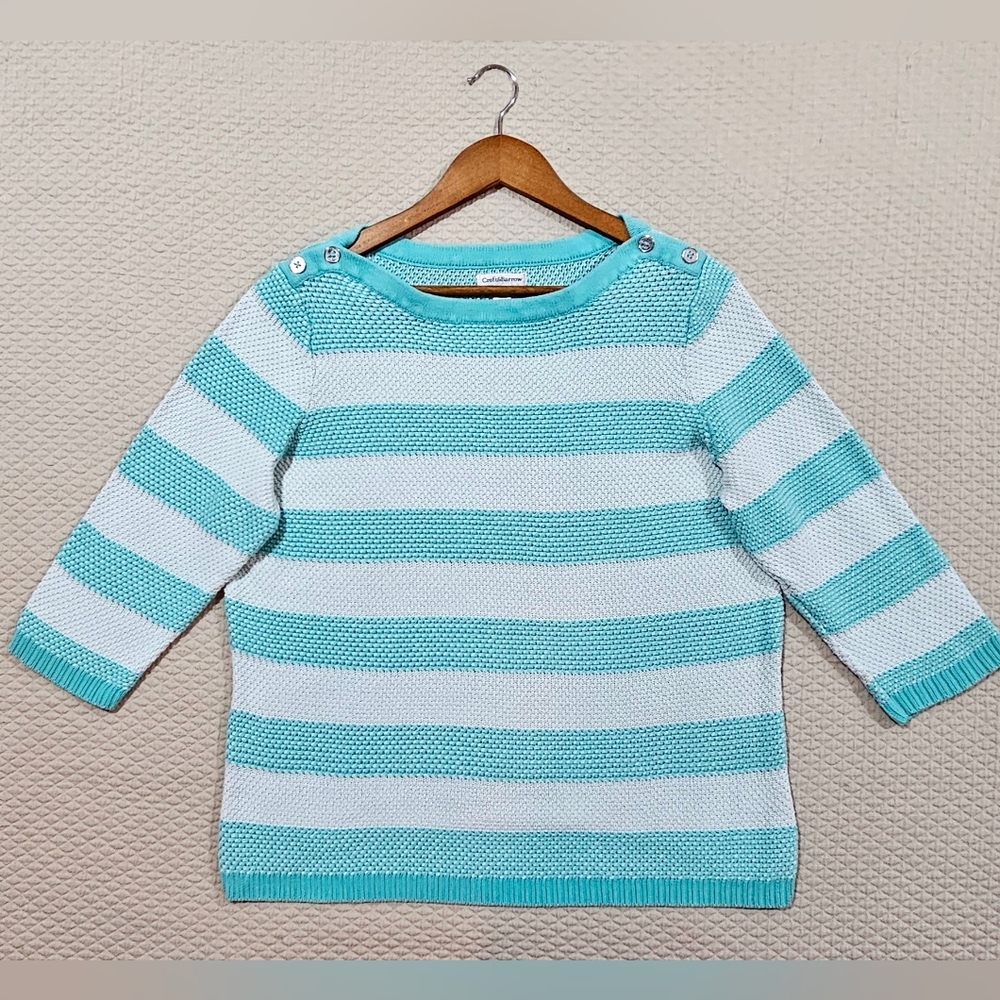 Croft & Barrow Aqua and White StripedCrewneck Cardigan‎ Knit Sweater Size XL